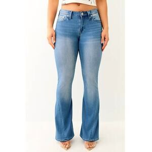 True Religion Terra Cotta Indigo Joey Terry Mid Rise Flare Flap Jeans Size 33